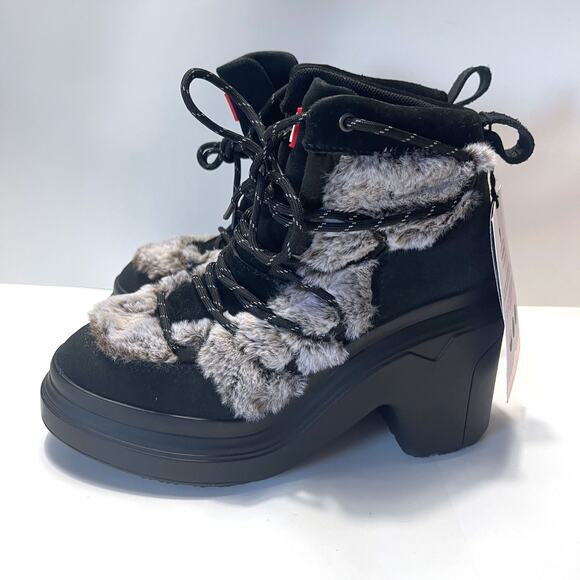 HUNTER NWT Waterproof Faux Fur Trimmed Lace Up Bootie in Black Size 6 - Picture 5 of 11